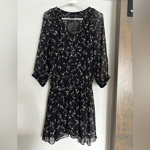 Club Monaco Silk Black and White Floral Long Sleeve Dress